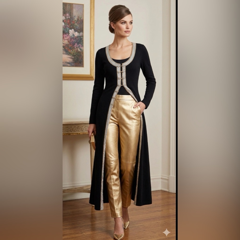 ST JOHN EVENING long cardigan duster sweater gold silver metallic trim 8 to 12